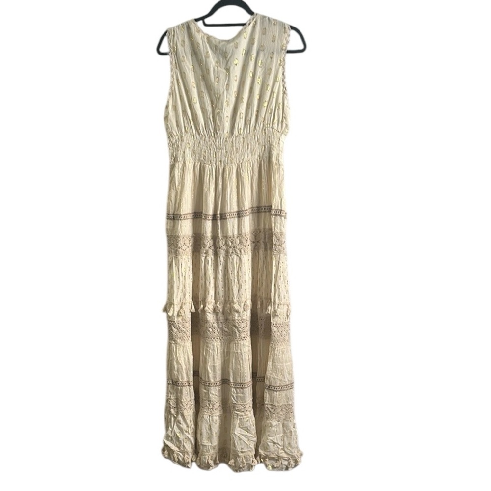 Me 2 magic Elegant ivory metallic tiered crochet Maxi Dress s xL boho vacation - Picture 3 of 16